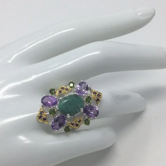 Genuine Natural Emerald & Amethyst Ring - Picture 4 of 7